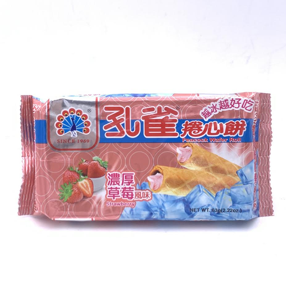 Kuai Kuai Peacock Wafer Roll - Strawberry Flavor 63g乖乖草莓口味捲心餅